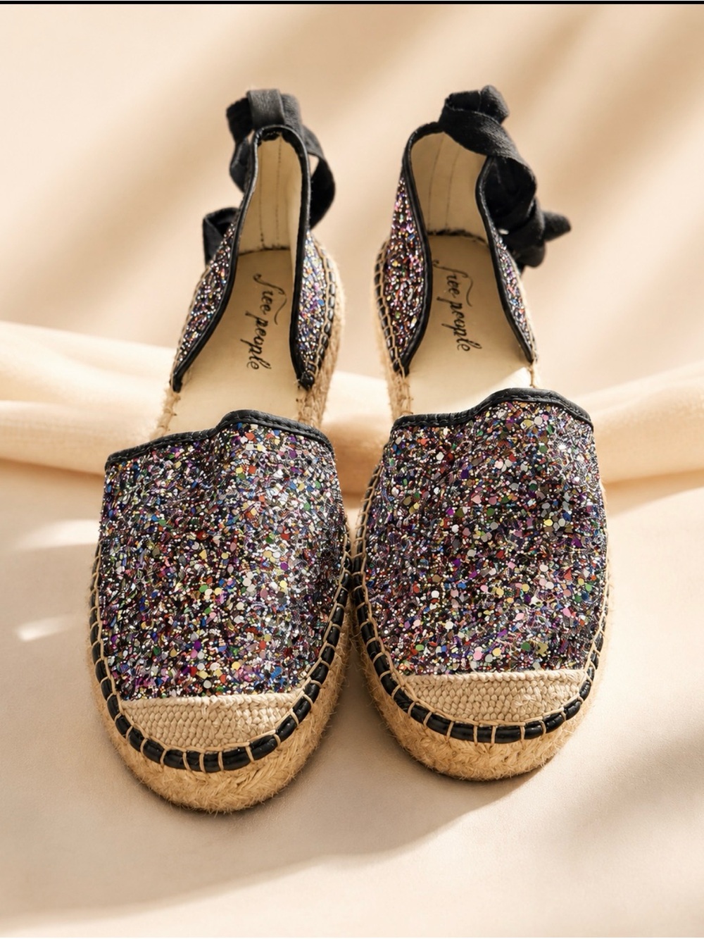 Free People Multicolor Glitter Espadrille Flats with Black Ankle Tie